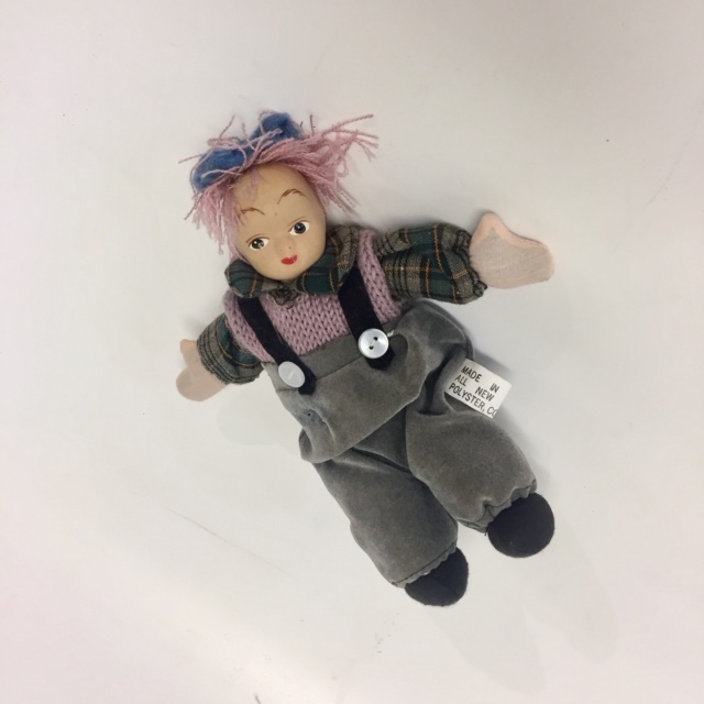 DOLL, Period Toy in Grey Suit w Pink Hair 19cm L
